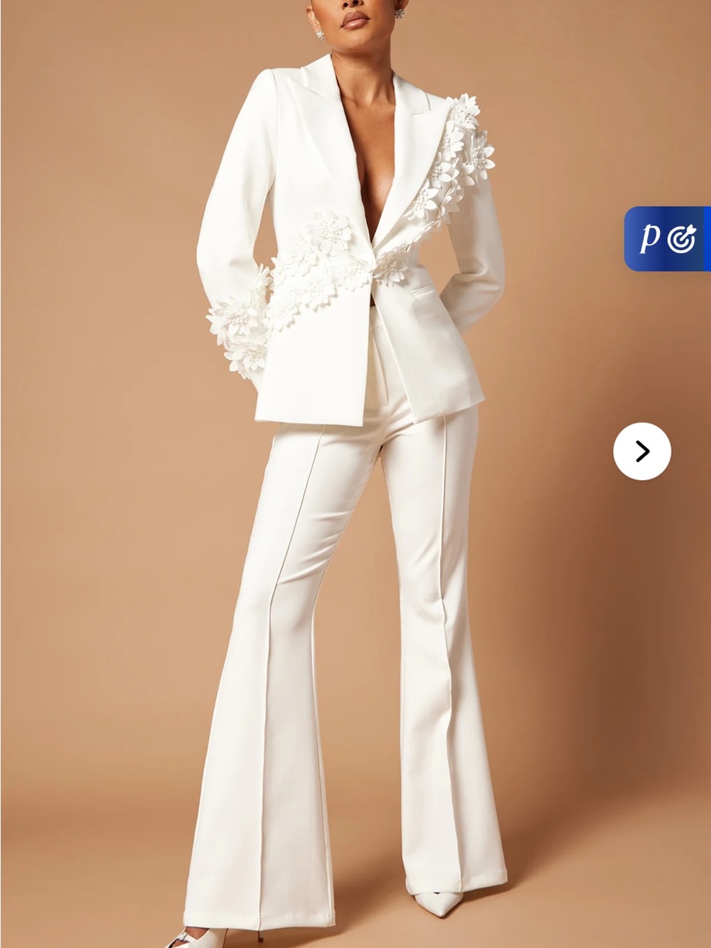 Fashion Nova White 3D floral blazer and wide leg pants set